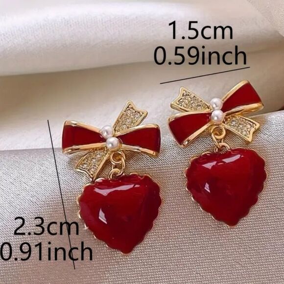 Red Heart Earrings Gold Rhinestone Bow Pearl Valentine's Dangle Pierced Jewelry - Picture 4 of 4